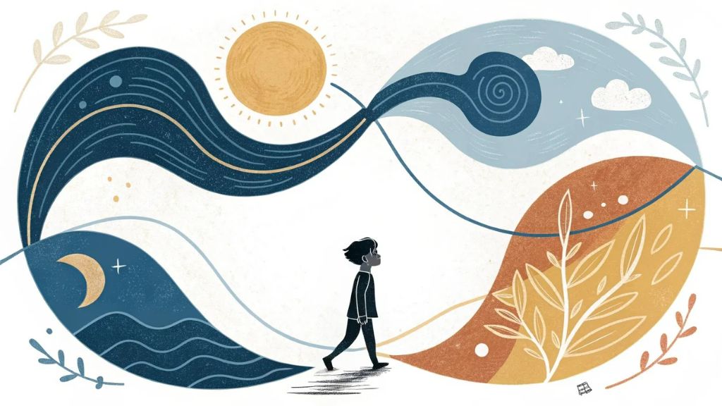 Bambino che cammina tra onde di luce e terra – ciclo naturale delle emozioni