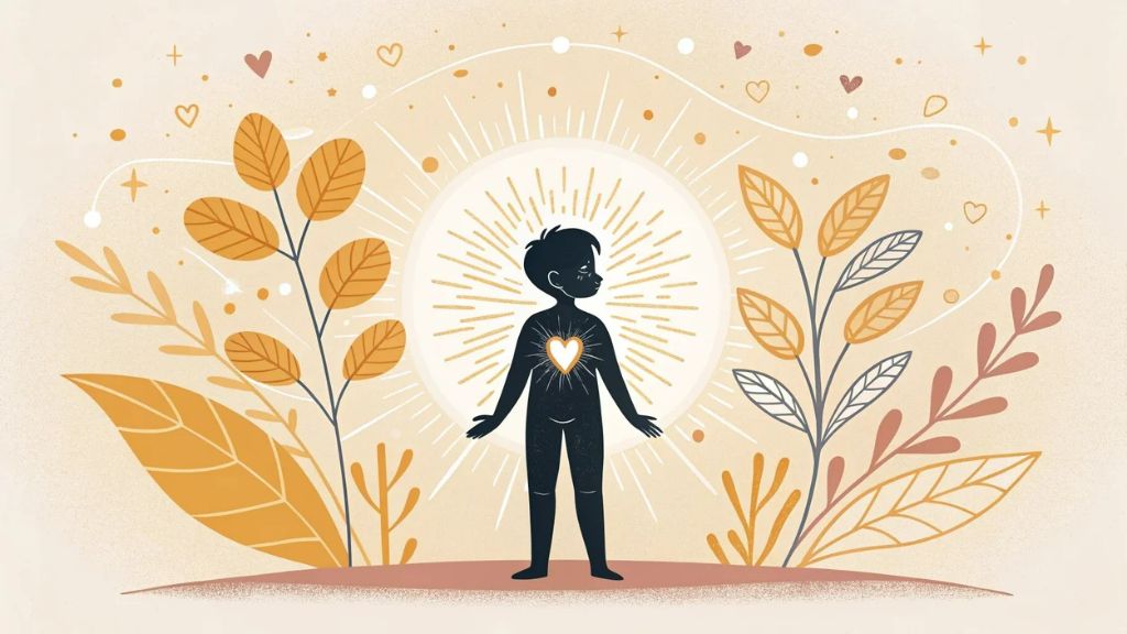 Silhouette di bambino con luce nel cuore e piante intorno – risorse interne