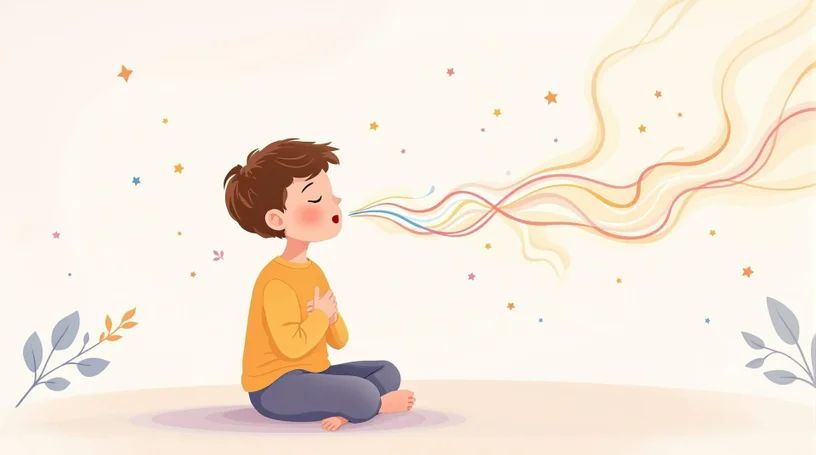 Bambino seduto che soffia l'aria con onde colorate – tecnica della respirazione per la gestione emotiva