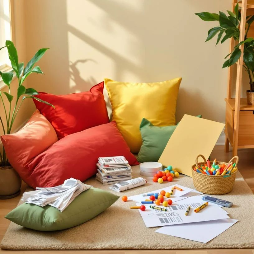 Angolo con cuscini colorati, carte, matite e palline morbide – l'angolo della rabbia per bambini